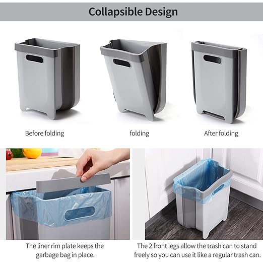Hanging Collapsible Trash Can - 9L Wall Mounted Foldable Waste Bin for Kitchen Cabinet Door - Quickly Clean Counter, Sink, Bathroom - RV, Car, Camping Folding Garbage Basket (Gray)