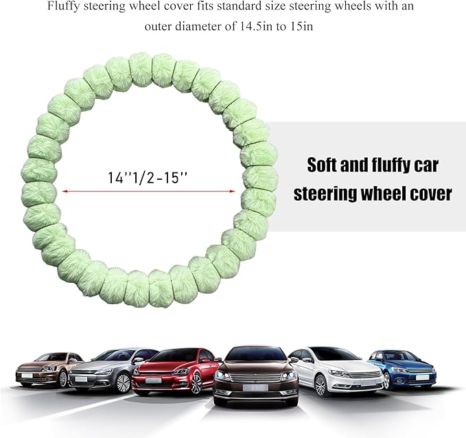 Fluffy Car Steering Wheel Cover, 14.5-15 Inches Anti-Slip Plush Fuzzy Steering Wheel Protector, Soft Warm Steering Wheel Cover Interior Decor for Women Girl, Car Accessories (Green)