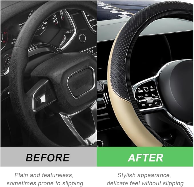 Car Steering Wheel Cover, 15 Inch Carbon Fiber Leather Stitching Color Steering Wheel Protector, Anti-Slip Elastic Breathable Steering Wheel Cover Stylish Decor for Most Cars (Beige, AD)