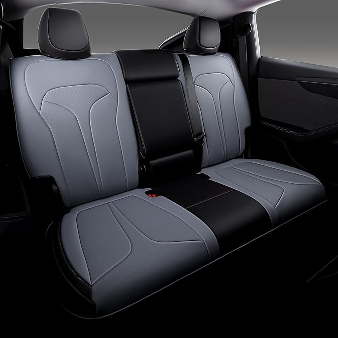OURPLOT Custom Fit Seat Covers for 2025 2026 Tesla Model Y Juniper (5-Seater), Waterproof Breathable Nappa Leather, OEM Factory Style Full Set Car Seat Protectors Airbag Compatible - Black+Grey