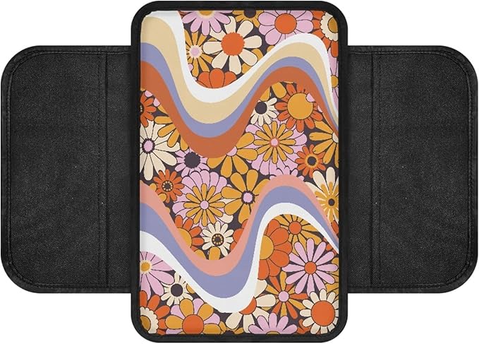 CLOHOMIN Hippie Flower Car Arm Rest Cover Pad Universal Fit Most Vehicles Floral Car Center Console Armrest Storage Box Cover Auto Interior Accessories with Storage Pockets