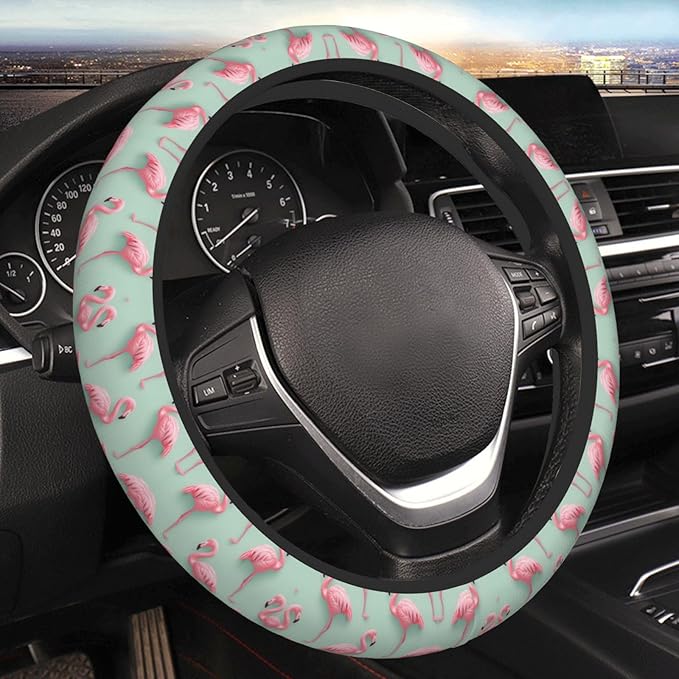 Tropical Flamingoes Neoprene Steering Wheel Covers Women Men Car Accessories, Universal 15 Inch Fit Auto, Suvs, Truck
