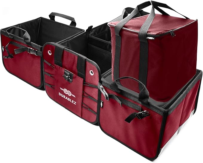 DURABLEZ 5-Section Trunk Organizer for SUV, Truck, Sedan, Van – Modular Extra Large Cargo Storage Bin, Detachable Car Trunk Organizer with Dividers, Collapsible Auto Organization System – Cherry Red