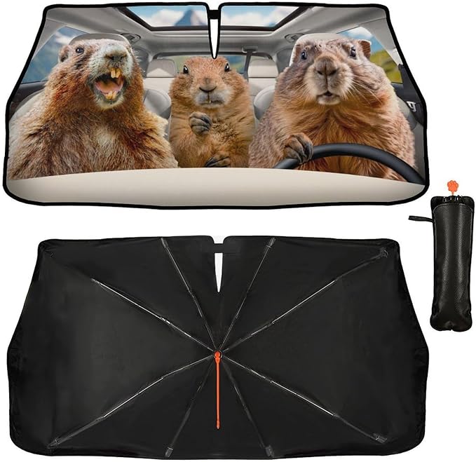 DOPINDU Funny Groundhog Car Windshield Sun Shade Umbrella Bendable Handle Foldable Animal Print Sunshade for Car Windshield Block UV Rays Keep Vehicle Cool for Most Sedans SUV Trucks Cars 57"x30"