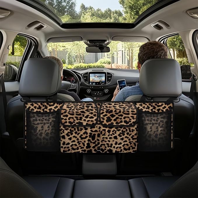 Brown Leopard Back Seat Car Organizer Hanging Car Storage Bag with 4 Pockets & Buckle Trunk Grocery Organizer for SUV Stain-resistant Vehicle Accessories for Family Camping