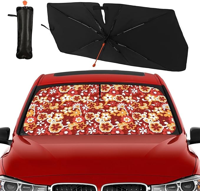 DOPINDU 60s 70s Flowers Car Windshield Sun Shade Umbrella Bendable Handle Foldable Funny Sunshade for Car Windshield Block UV Rays Keep Vehicle Cool for Most Sedans SUV Trucks Cars 57"x30"