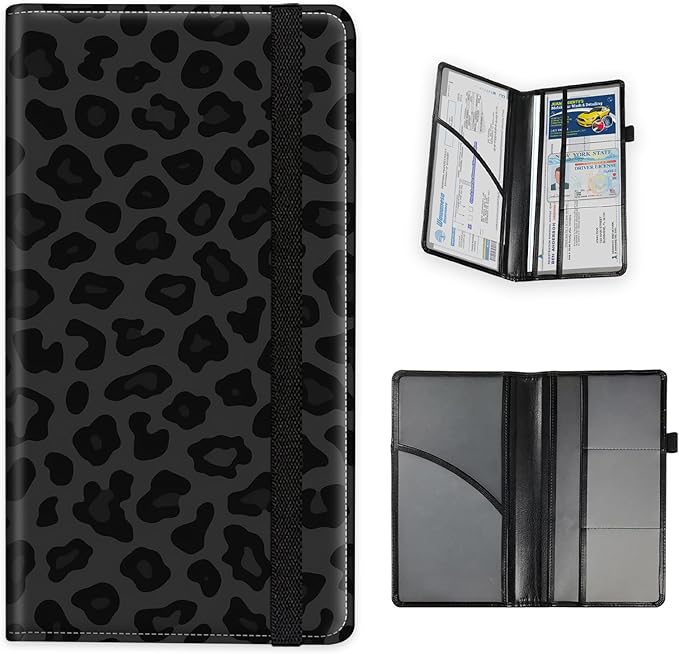 Tudguiloae Car Registration and Insurance Card Holder, Trunk Document Holder Organizer, Essential Vehicle Glove Box Organizer Leather Wallet for Driver, Black Leopard Print