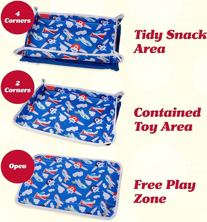 Lusso Gear Airplane Tray Table Cover - Organize Kids Travel Essentials - Snack & Toy Pockets for Airplane Toys for Toddlers 1-3 - Foldable Tablet Stand for Travel Toddler Essentials - Plane Pattern