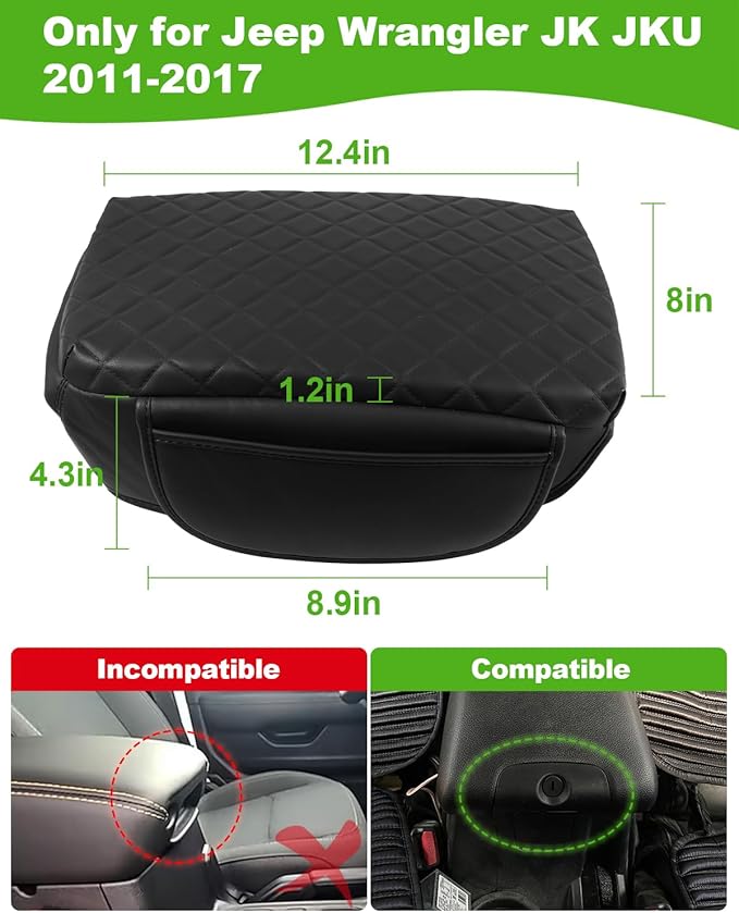 TBHOO for Jeep Wrangler JK JKU 2011-2017 Center Console Cover Armrest Cover Jeep Accessories Arm Rest Pad Console Cushion Lid Black Leather with Pockets