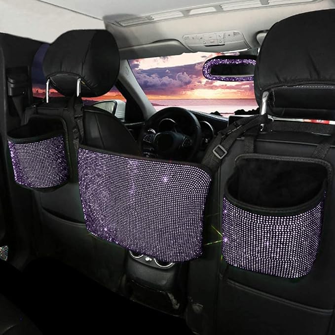 eing Crystal Car Organizers and Storage Purse Holder, Car Seat Back Net Handbag Accessories with Bling Diamonds for Women, Car Pet Barrier for Dogs and Kids, Purple