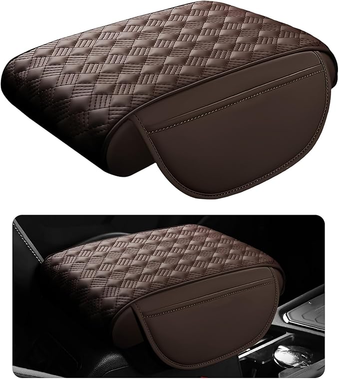 Hbxdeco Car Armrest Cushion, 12.2"×8.3" Leather Auto Memory Foam Center Console Pad with Storage Pocket, Waterproof & Anti-Scratch Elbow Pillow Armrest Seat Box Protector, Universal Fit (Coffee)