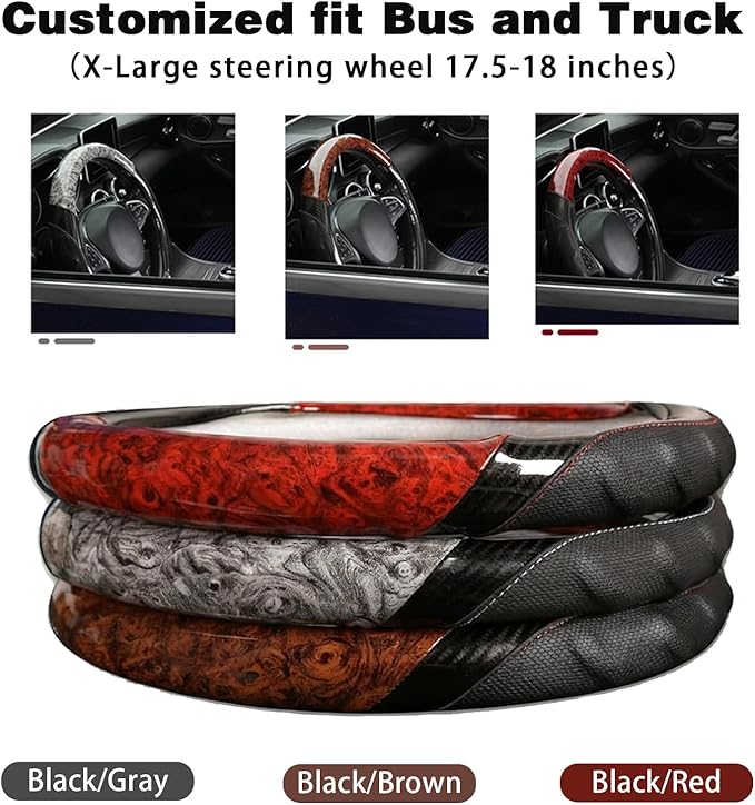 Heavy Duty Truck Steering Wheel Cover 17.5-18 Inch, Carbon Fiber with Anti-Slip Grip, X-Large Wheel Protector for Commercial Semi-Trucks, Buses and RVs (Brown/Black)