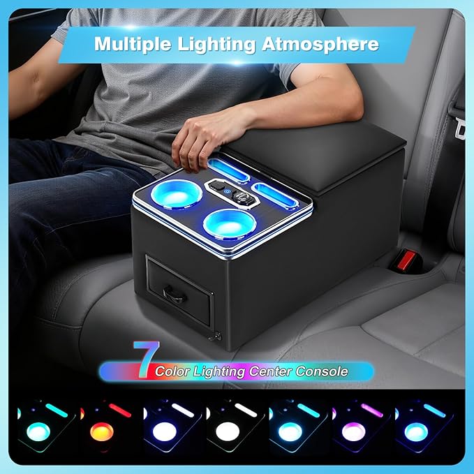 Center Console, Universal Bench Seat Center Console with Fast Phone Charging， Back Seat Car Organizer, Automotive Center Console with Cup Holder & Phone Holder (Black)