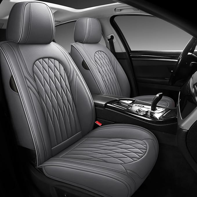 WELLDO Car Seat Covers Front Seats, Leather Seat Covers for Cars, Front Car Seat Protector Waterproof, Non-Slip Car Interior Covers Universal Automotive Seat Covers for Most Vehicle, Gray