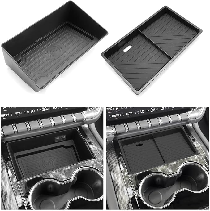 WEIPIN for 2Pcs Center Console Organizer Tray ABS Materials& TPE Wirless Mats Storage Box Compatible with 2025-2026 GMC Yukon (Elevation/AT4) - Only Compatible with Console Without Cover