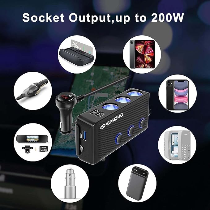 Cigarette Lighter Plug Splitter, 3 Socket 200W Car Cigarette Lighter Adapter USB Charger Extension Cord Multi Port Power Plug 12V/24V Splitter with LED Voltage Display Independent Switches