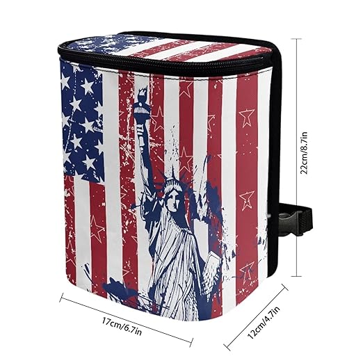 USA Flag Pattern Trash Can with Lid - Leak Proof, Hanging Waterproof Garbage Bag for Car Accessories - Multipurpose Storage Container for Back Seat, Road Trip - Black