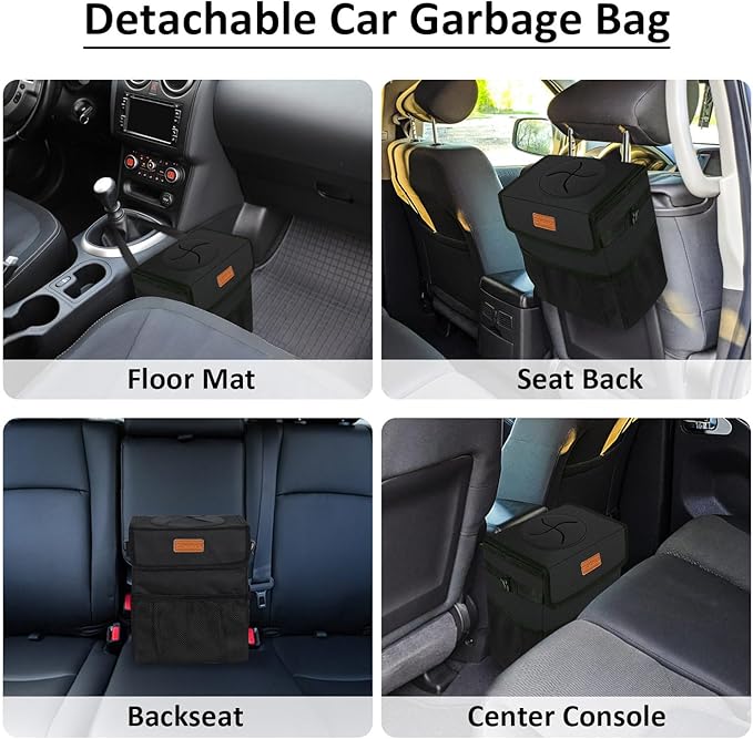ELONGRIVER Car Trash Can Bin for Back Seat Leak Proof, Cute Car Trash Bag Hanging, Vehicle Trash Can for SUV Truck Van, Automotive Garbage Cans Front Seat Black