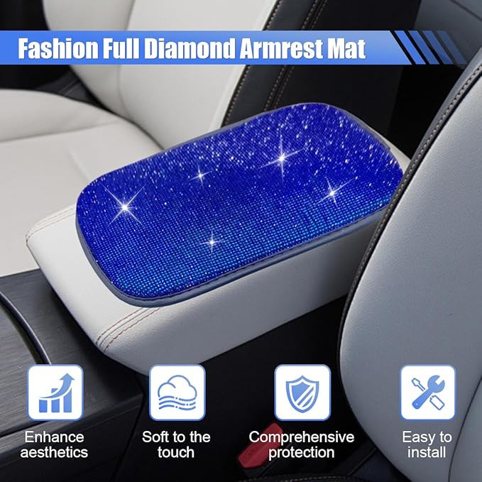 11.9''×8.4'' Bling Car Center Console Cover, Crystal Rhinestone Arm Rest Protective Cushion Pad, Diamond Soft Elbow Pillow, Auto Interior Decoration Accessories for Women Girls (Blue)