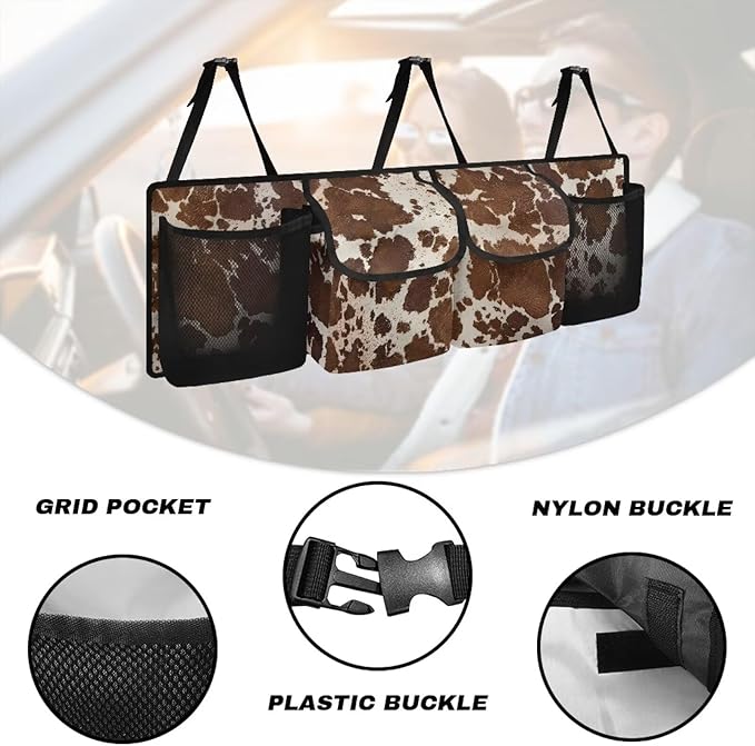 Brown Cow Print Car Trunk Organizer, Oxford Backseat Storage Bag with 4 Pockets, Waterproof Adjustable Large Capacity Hanging Collapsible Bag for Most Vehicles, Universal Car Accessories