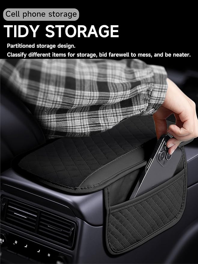 Cxtiy Universal Car Center Console Cover - Plush Leather Dog Scratch Proof Armrest Pad with 2 Side Storage Pockets, Soft Cushion for Car Interior Accessories (Black)