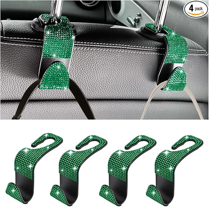Bling Car Seat Headrest Hooks, 4PCS Crystal Rhinestone Vehicle Back Seat Hanger Holder for Handbags Purses Coats, Automotive Headrest Storage Organizer, Universal for RV SUV Truck (Green)