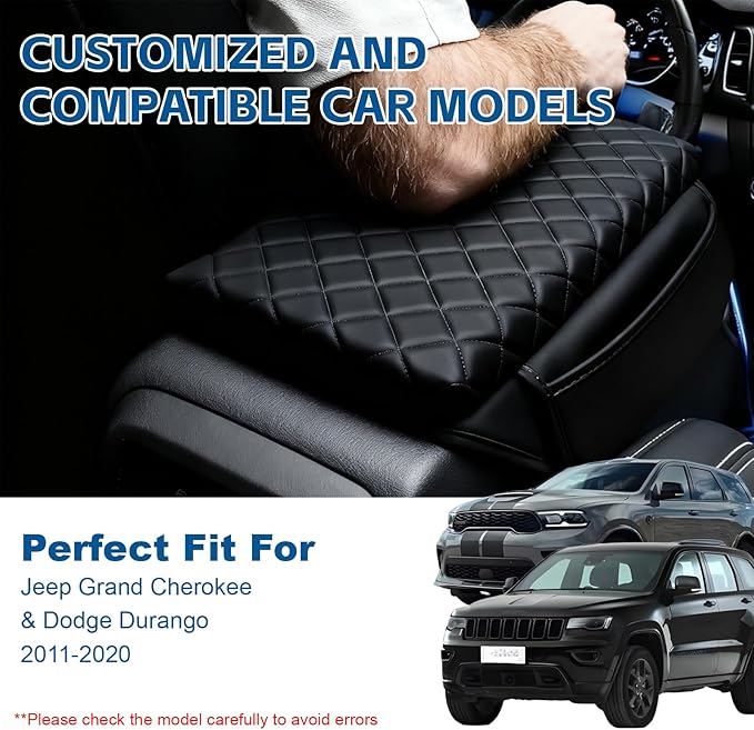 Thickened Armrest Cover Fit forJeep Grand Cherokee & Dodge Durango 2011 2012 2013 2014 2015 2016 2017 2018 2019 2020 Accessories, PU Leather Arm Rest Covers Lid Cushion Pad With Pockets Storage Bag