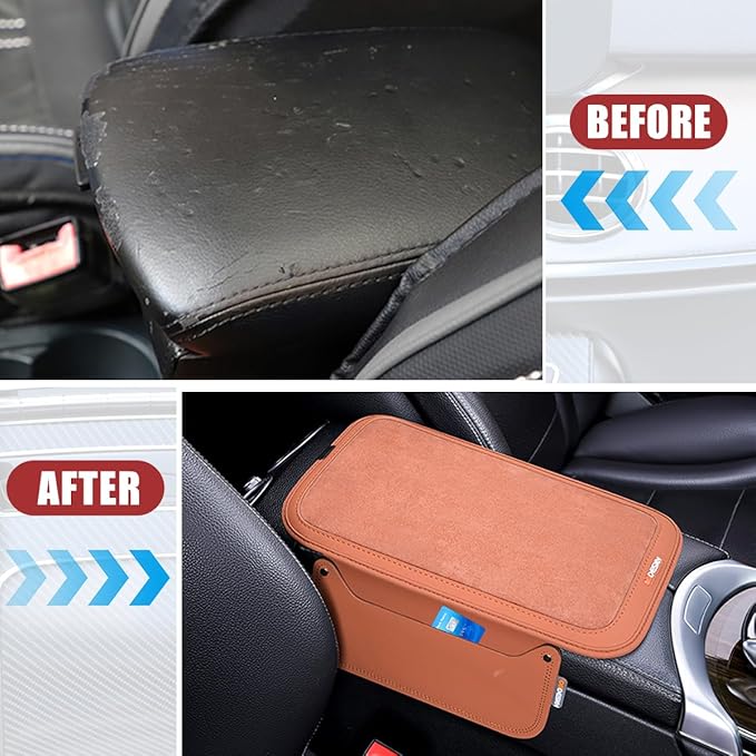 Car Center Console Cover, Leather Furry Fluffy Armrest Seat Box Cushion Pad with 2 Storage Bags, Comfortable Auto Interior Middle Console Protector, Compatible with Most Vehicle (Orange)