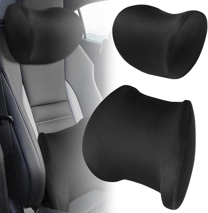 Car Headrest Lumbar Support Cushion, Memory Foam Head, Waist Pillow for Car Seat with Detachable Zipper Cover, in Black
