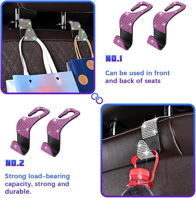 Bling Car Seat Headrest Hooks, 4PCS Crystal Rhinestone Vehicle Back Seat Hanger Holder for Handbags Purses Coats, Automotive Headrest Storage Organizer, Universal for RV SUV Truck (Pink)