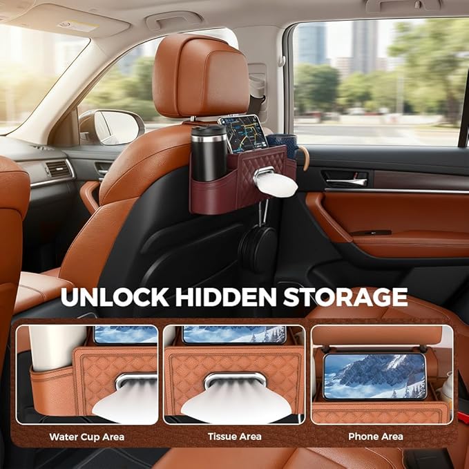 3-in-1 Car Backseat Organizer with Cup Holder Tissue Box and Hooks, Multifunctional Car Seat Back Storage Box, Car Headrest Backseat Organizer for Travel SUV Sedan Truck Car Accessories (Black)