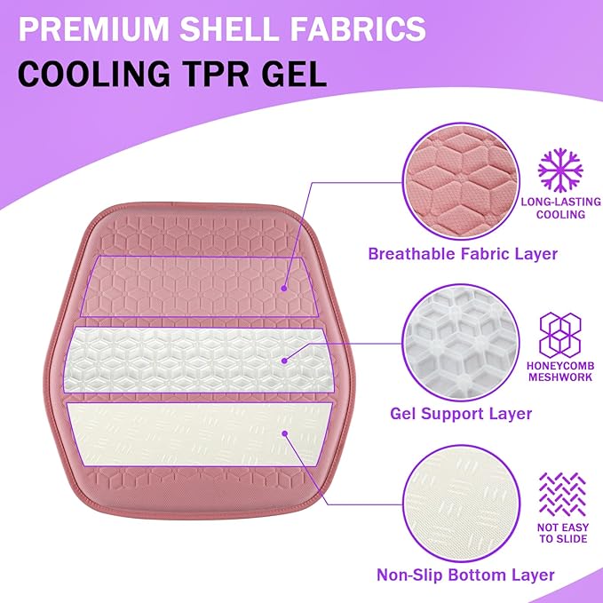 Thin Gel Seat Cushion for Car Seat, Office Chair, Wheelchair, Golf Cart - Non-Slip Car Seat Cushions with 0.7 Inch Gel - Sciatica & Coccyx Pain Relief (Fabric, Pink)