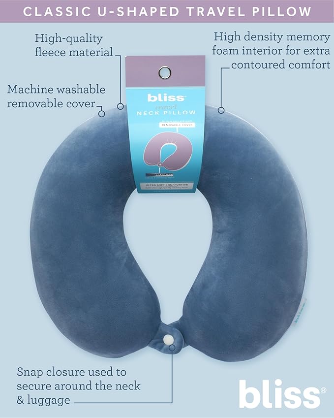 Bliss Neck Pillow - Lightweight U-Shaped Memory Foam Travel Neck Pillow with Snap Closure for Airplanes, Traveling, Offices, Cars, Coastal Blue Fleece