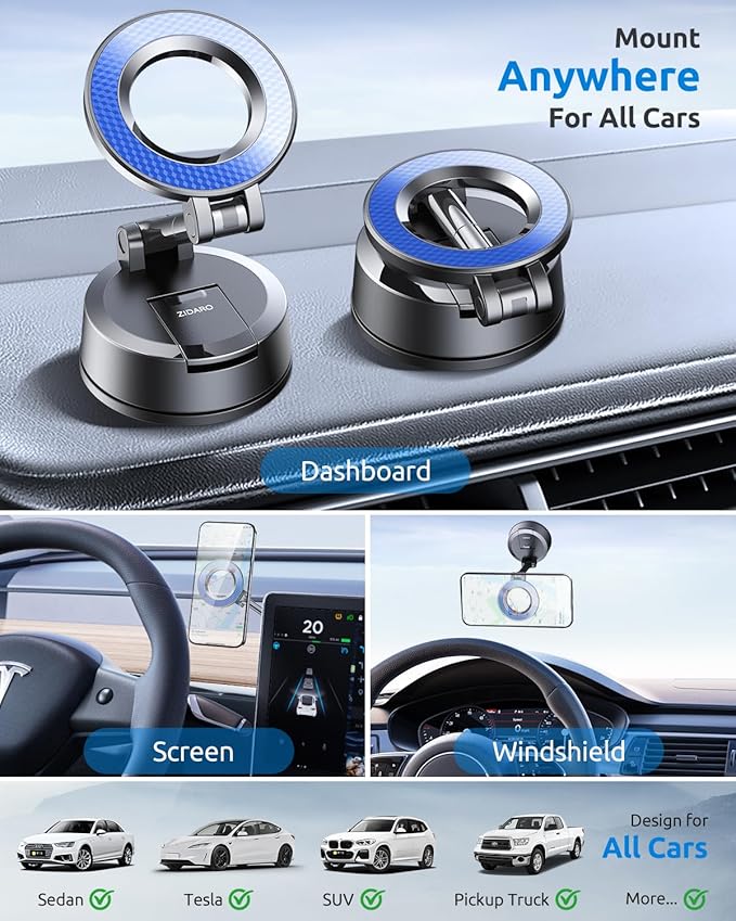 ZIDARO Vacuum Magnetic Car Phone Holder, 360°Adjustable, Compatible with iPhone 12-17 Series & Dashboard Mount & Tesla, 80+LBS Strong Suction Cup Phone Holders for Your Car, MagSafe-Compatible (Blue)