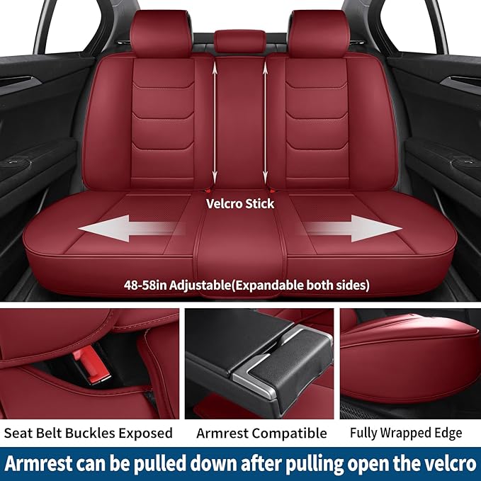 hoozoom Leather Car Seat Covers Full Set Breathable Automotive Seat Covers Waterproof Seat Protectors Universal Fit for Most Automotive Cars SUV Trucks(Red, Full Set)