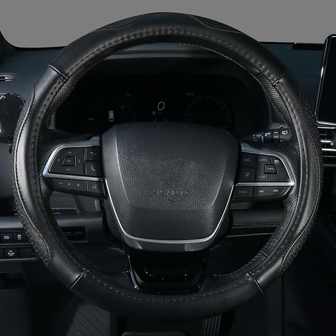 KAFEEK Genuine Leather Steering Wheel Cover 15 inches, Pure Cowhide Steering Wheel Cover Men Women, Car Accessories for Car SUV Truck, Black