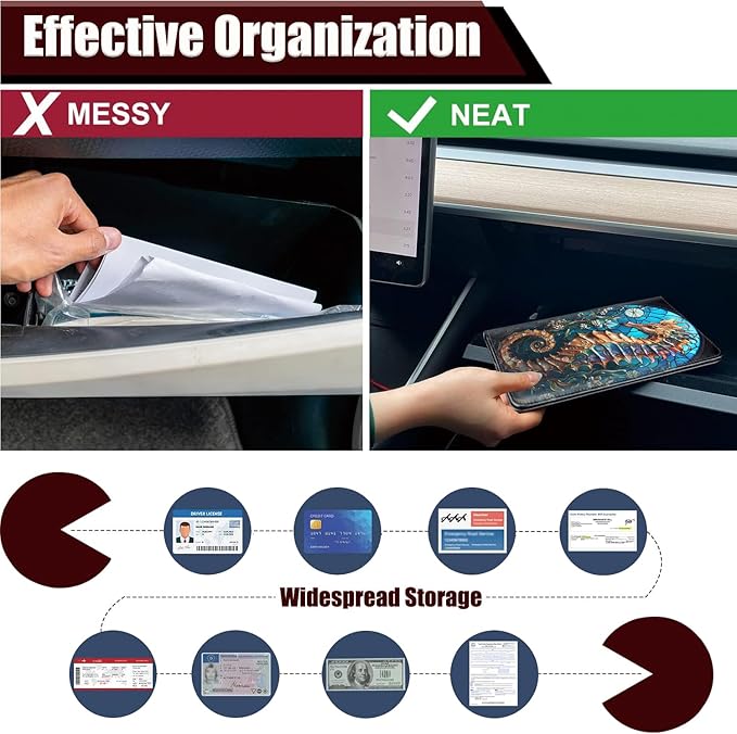 Car Registration and Insurance Holder, PU Leather Auto Document Holder for Men&Women, Vehicle Glove Box Compartment Organizer with Magnetic Shut for Driver's License, Vintage Seahorse Pattern