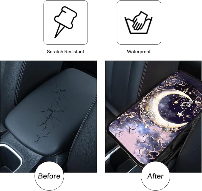 JANENFNA Car Armrest Cover Pads Universal Fashion Cute Auto Center Console Armrest Cover Pad with 2PCS Car Coasters Soft Waterproof Car Armrest Seat Protector for Women,Crescent Stars in Sky