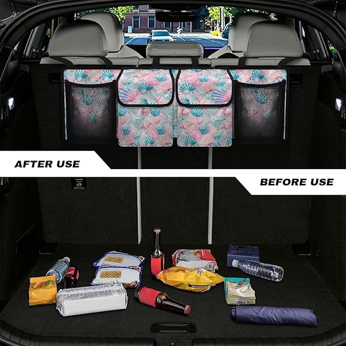 CLOHOMIN Blue Pink Shell Starfish Car Trunk Organizer Back Seat Hanging Trunk Compartment Organizer Collapsible Cargo Bag with 4 Pockets