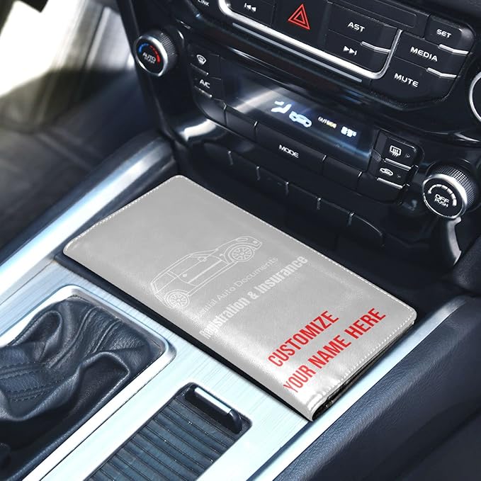 Caihoyu Custom Car Registration and Insurance Card Holder Personalized Leather Glove Box Organize Men Women Wallet Accessories Case for Cards, Essential Document Driver License Light Grey