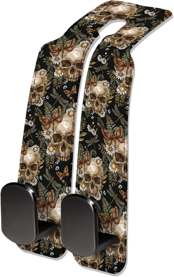 NUGGHU Car Seat Headrest Hook, Universal Leather Cute Hanger Holder Hook, Storage Organizer Interior Accessories for Purse Bags Handbag Cute Retro Flower Skulls