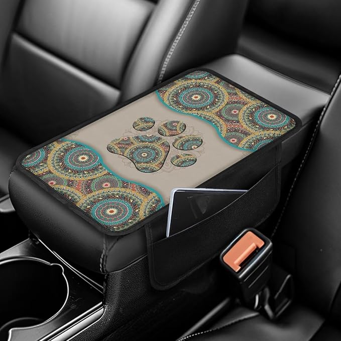 BIGCARJOB Boho Paw Print Car Center Console Cover with Side Storage Cute Paw Print Center Console Armrest Cover Auto Center Console Cover Pad,Universal for Most Cars, Trucks, SUVs