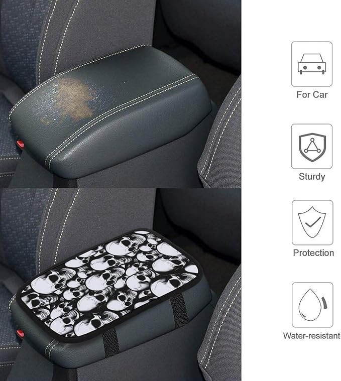 Center Console Cushion Pad for Car Universal Breathable Auto Armrest Cover Pad Car Interior Accessories Cool Funny Goth Skulls Armrest Seat Protector