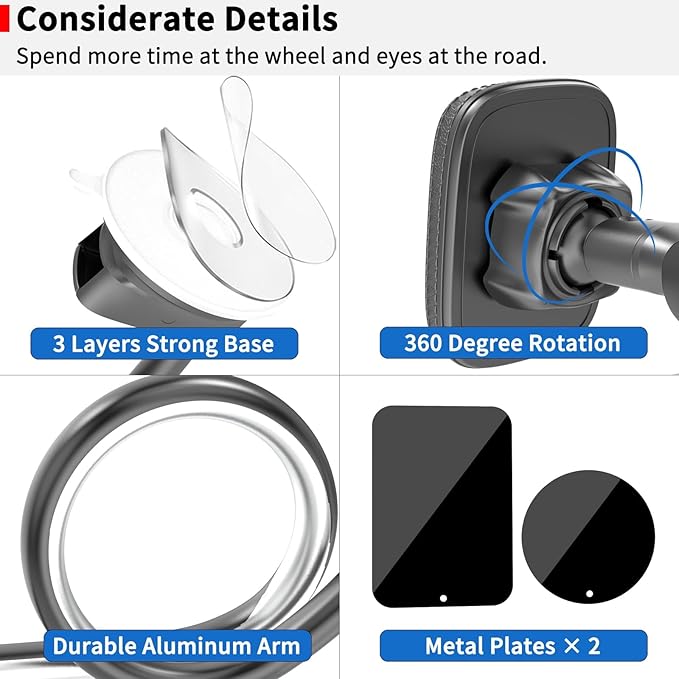 APPS2Car Magnetic Car Phone Holder Mount [Flexible Long Arm] Anti-Shake Windshield Phone Mount [6 Strong Magnets] Cell Phone Holder for Car [Case Friendly] Compatible with iPhone Smartphones Tablets