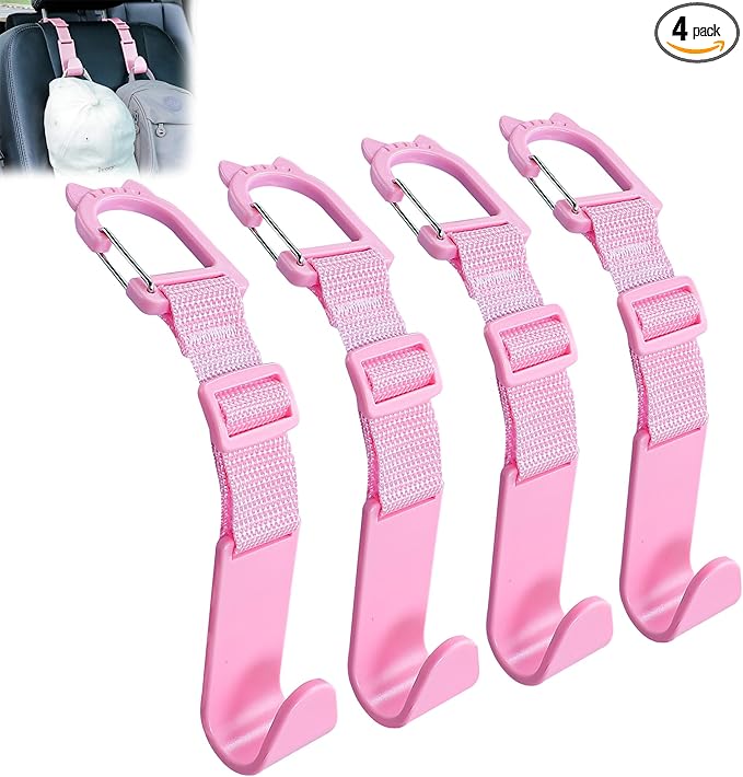 Amooca Car Headrest Hooks 4 Pack Adjustable Universal Fit Auto Seat Back Organizer Storage Hanger Purse Bags Holder with Clip Pink