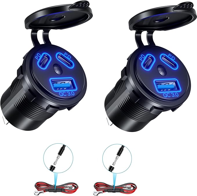Kewig 2 Pack 12V USB Outlet Wired Charger Multi Port, Dual PD3.0 & QC 3.0 Multiple Port for Car, USB Socket with Power Switch, Fast Charger for Tablet, Suitable for Car Boat RV Marine ATV