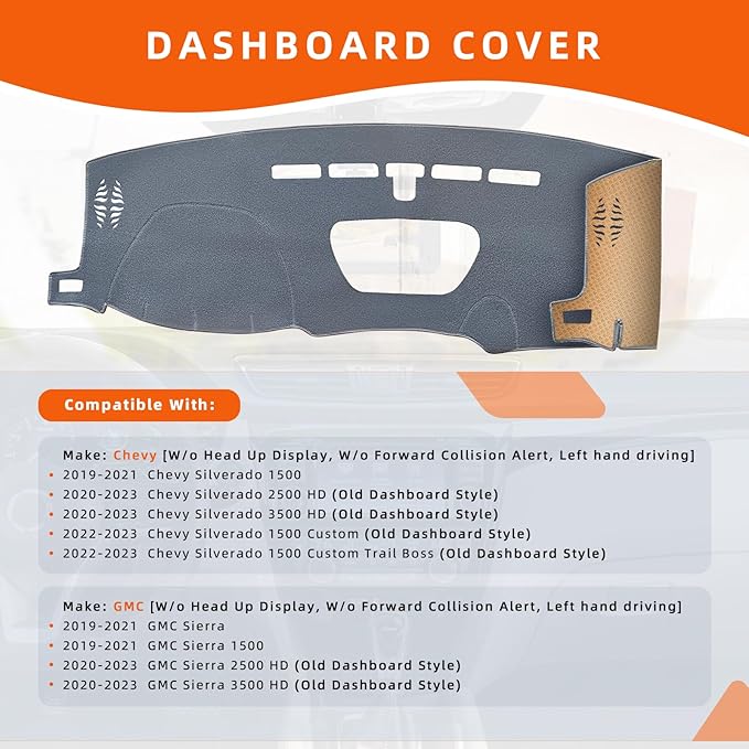 KEYOOG Dashboard Cover Dash Mat Fit for 2021-2019 Chevy Silverado 1500,G-MC Sierra 1500 (Without HUD Models),Car Dash Board Mat Anti-Glare Carpet,Non-Slip Pad Sunshield Protector (Grey)
