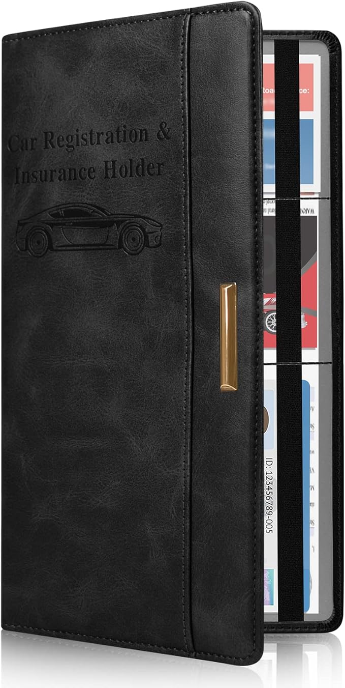 Car Registration and Insurance Holder Vehicle Glove Box Organizer Leather Car Document Holder for Driver's License, ID, Key Information Cards with Elastic Band Closure, Black