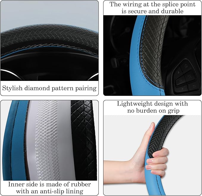 Black & Blue Car Steering Wheel Cover, Microfiber, Leather Patchwork, Universal 14.5-15 Inch Leather Anti-Slip Breathable Auto Steering Wheel Covers for Men Women