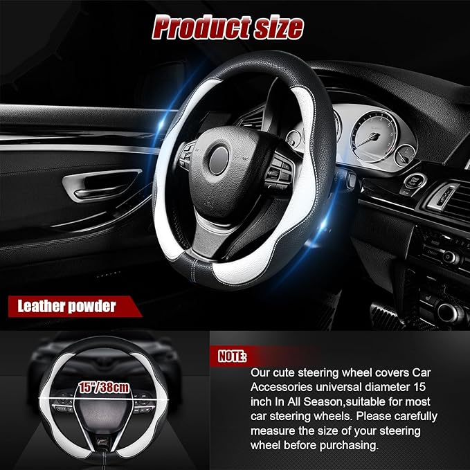 Steering Wheel Cover, Non-Slip Breathable Comfort PU Imitation Leather Cute Car Accessories for Women Girl, Universal Protector in All Season 15 inch Fit Most Car(White)